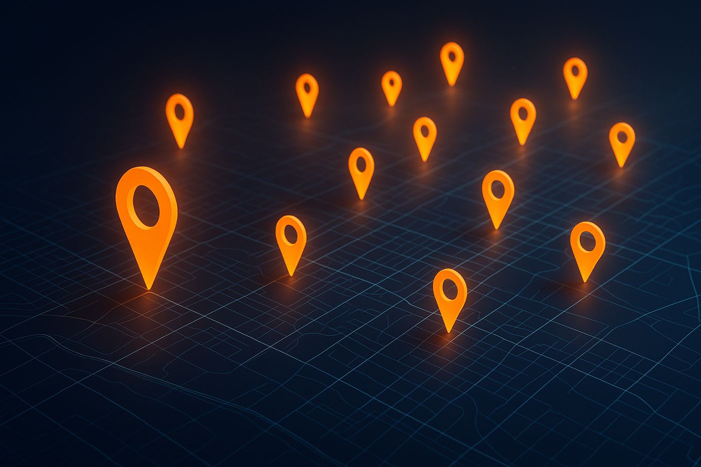 Illustration of a city map with glowing location pins marking every town a local-service business covers